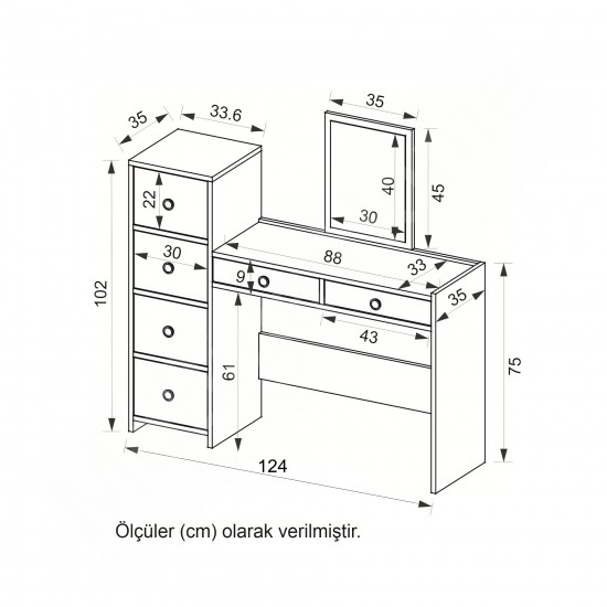 Beyrut 6 Çekmeceli Aynalı Makyaj Masası Beyaz